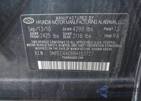 2011 Hyundai Sonata Se from USA, damaged, VIN 5NPEC4AC6BH153727